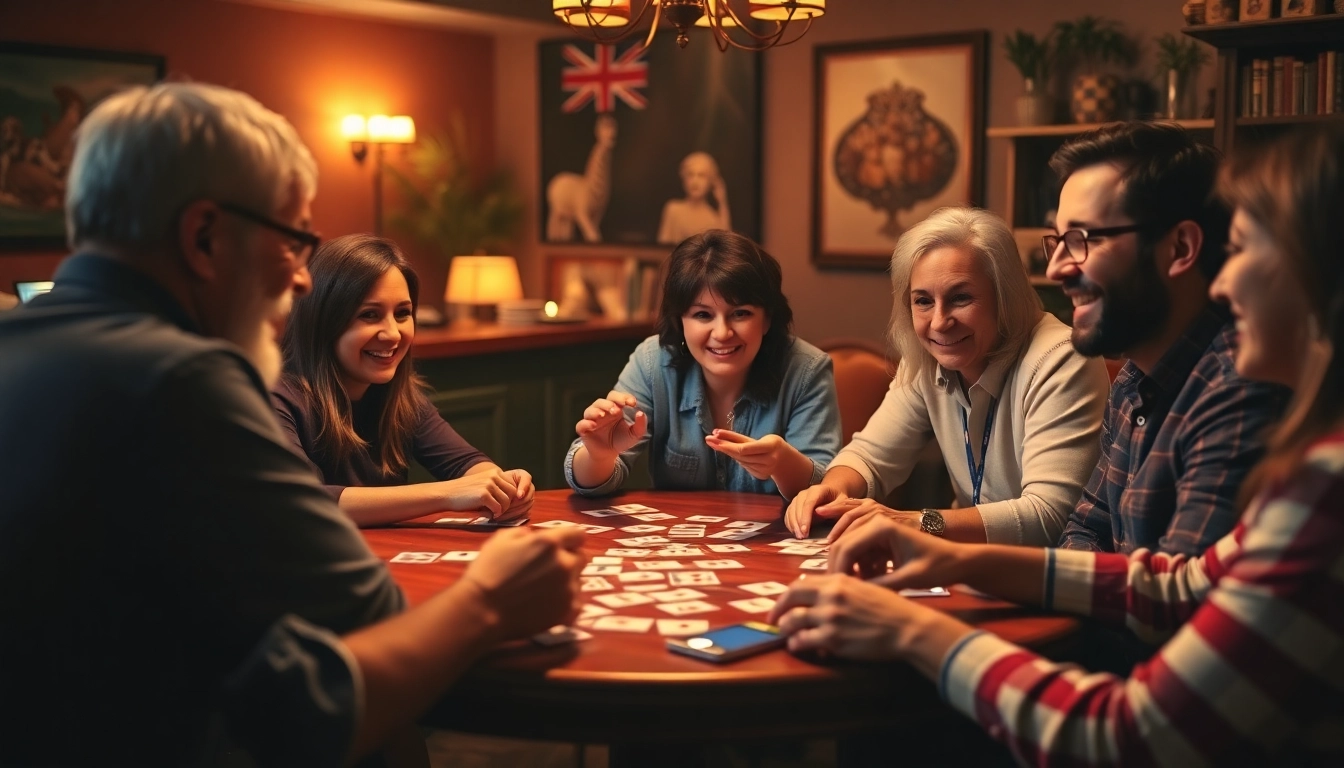 Friends engaging in a lively rummy wealth game, sharing smiles and excitement around a table.