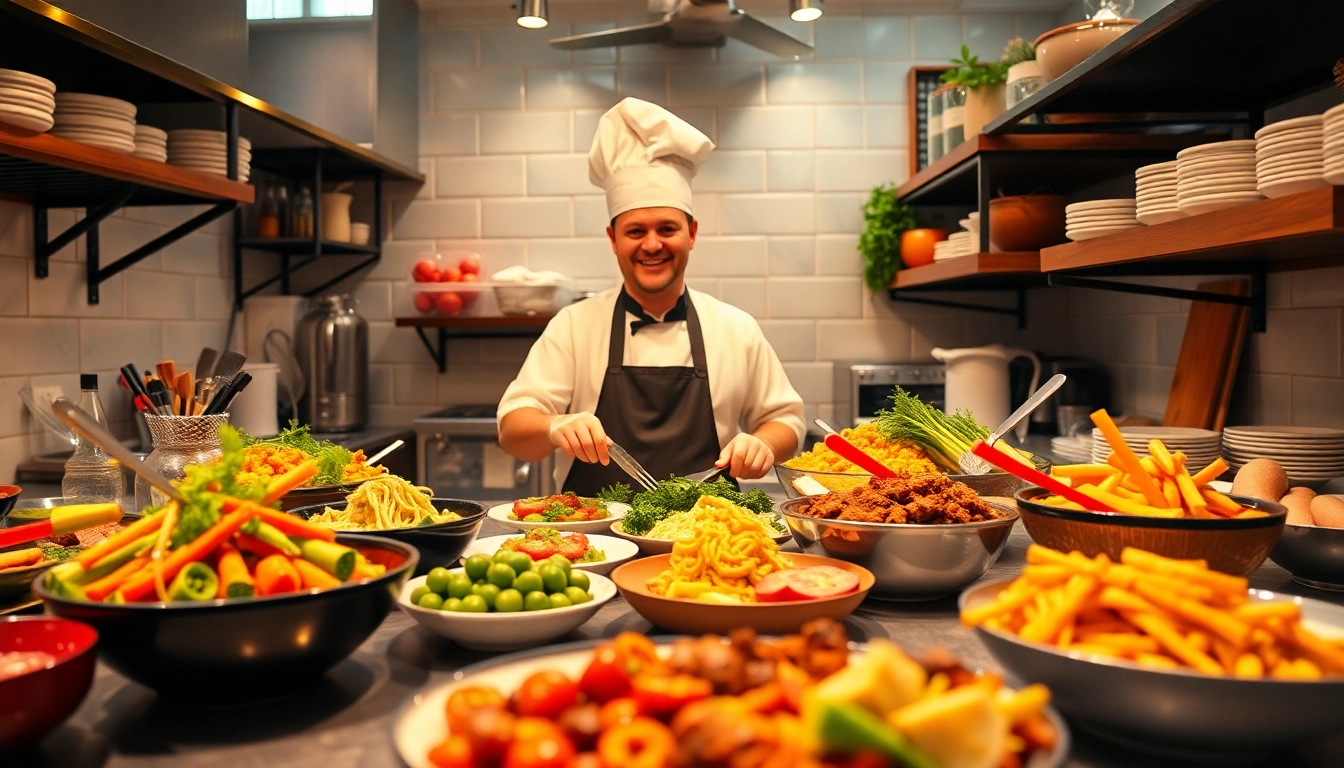 Cook in a bright kitchen showcasing recipes from dishfacts.com using fresh ingredients and colorful cooking tools.