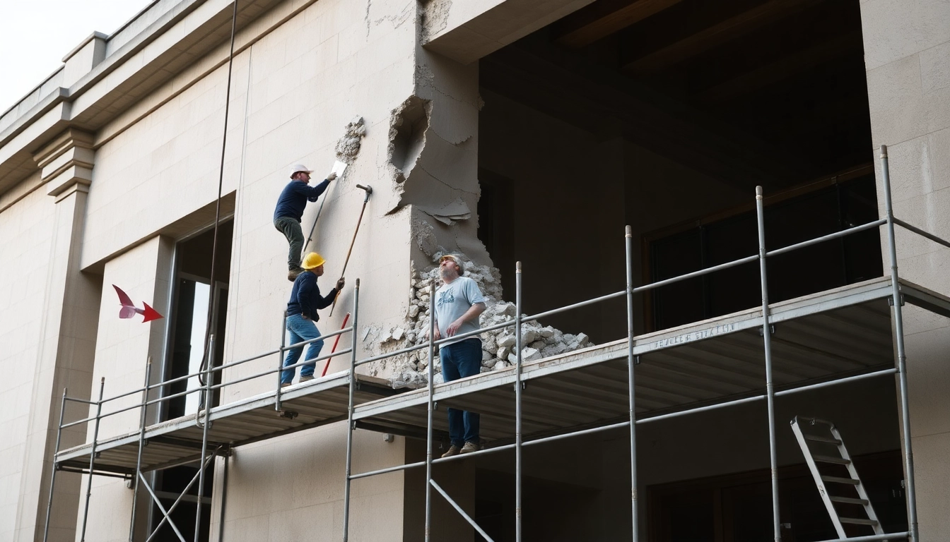 Facade removal in progress, emphasizing skilled workers using tools to dismantle building exterior.