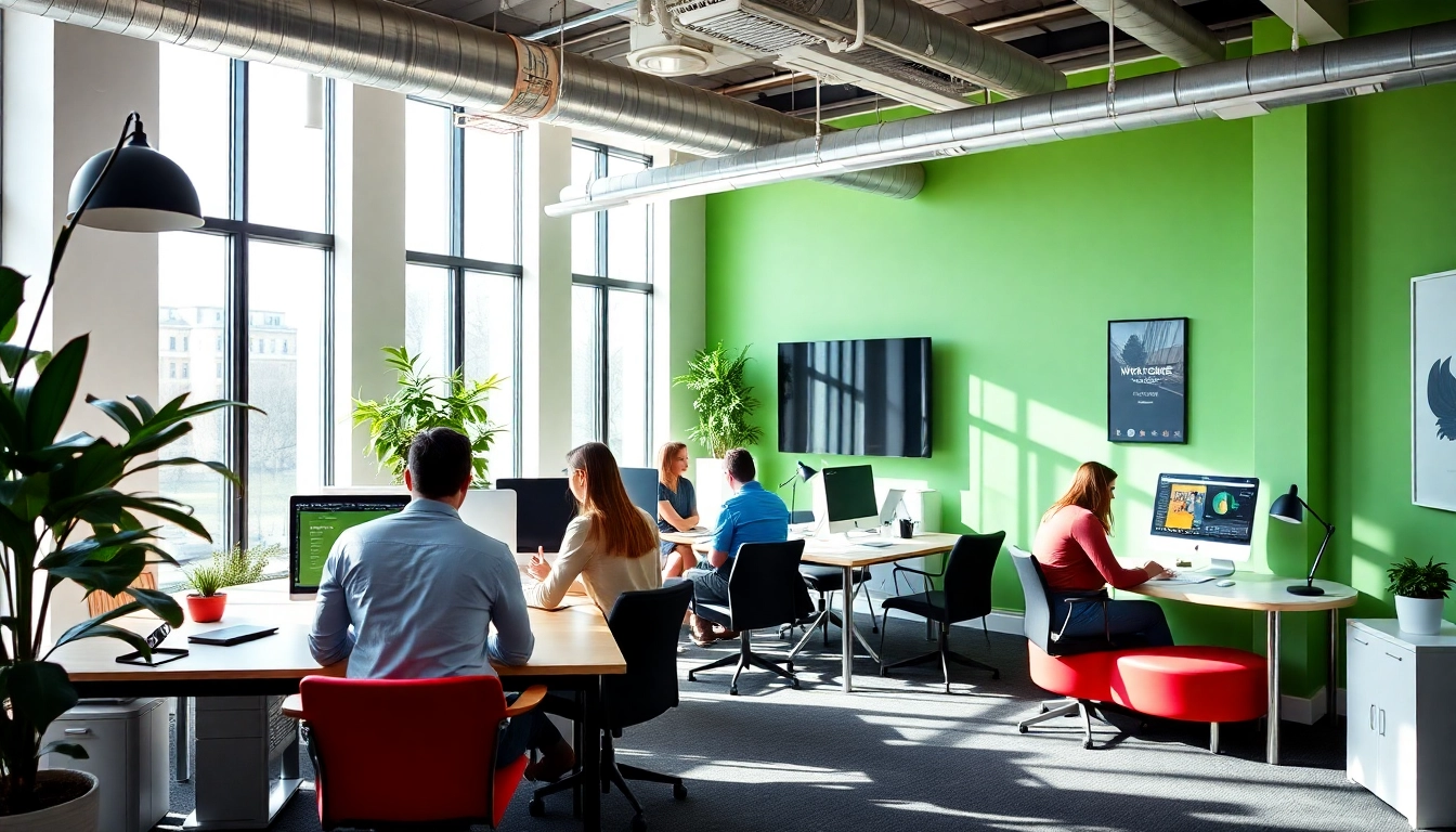 Engaged team collaborating on Website design Manchester in a vibrant modern office.