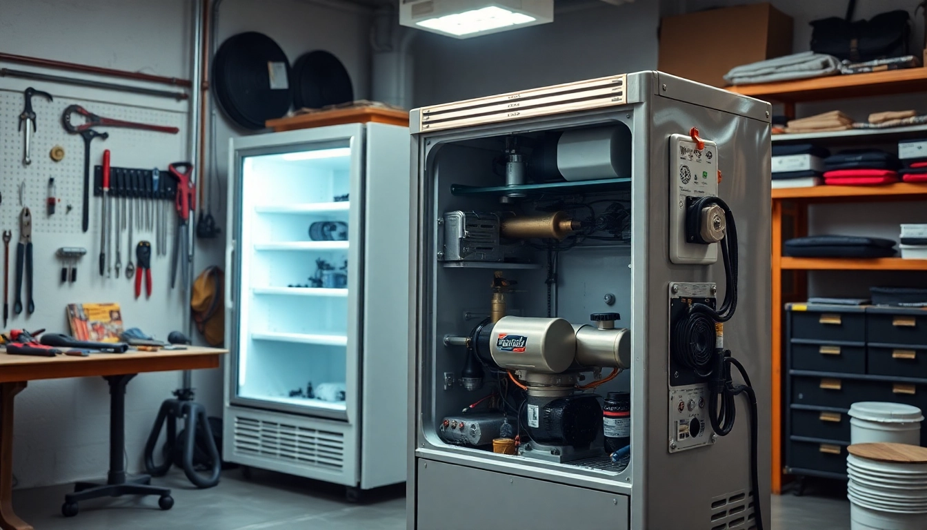 Inspecting a soda cooler repair with tools laid out on a workbench highlighting detailed components.