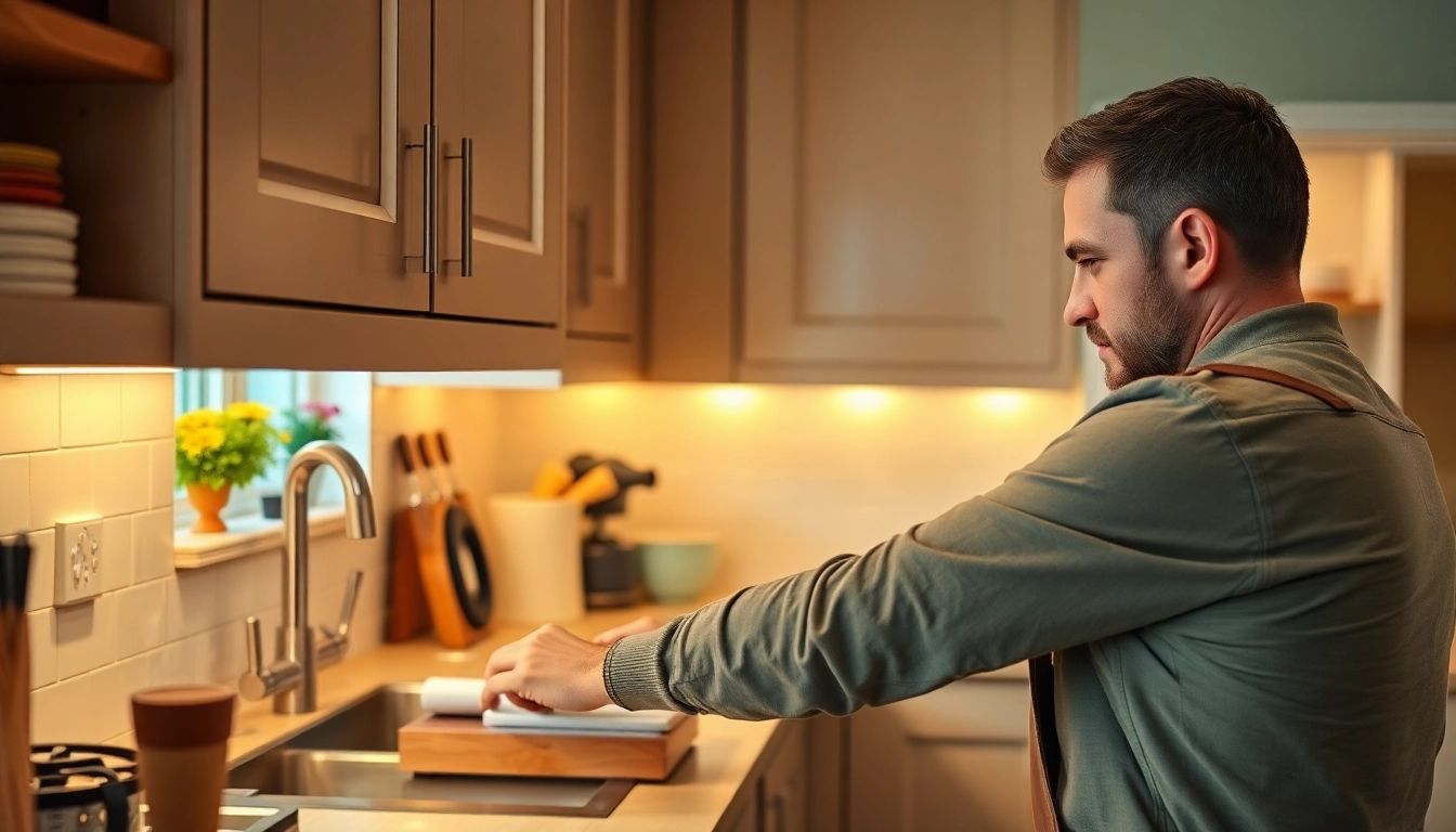 Howdens kitchen fitter installing modern cabinetry in a bright kitchen space, showcasing craftsmanship.