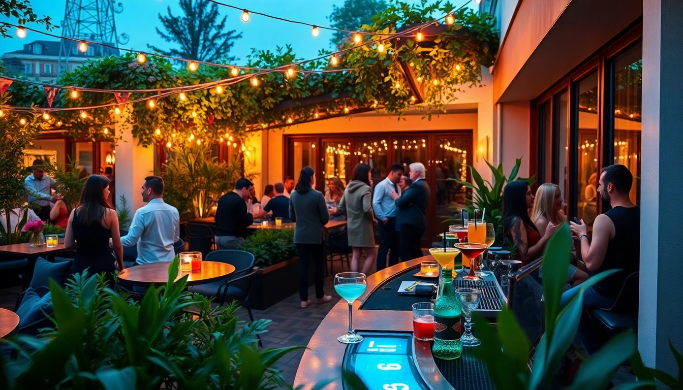 Guests enjoying a Unique Berlin Events after-work party in a lively outdoor setting with cocktails and vibrant décor.