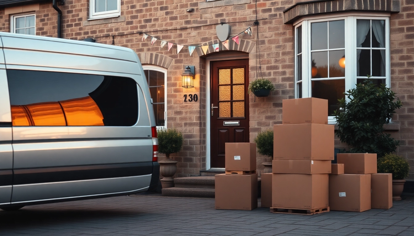 Showcasing a van from removal companies Keighley parked in front of a home with packed boxes ready for a smooth move.