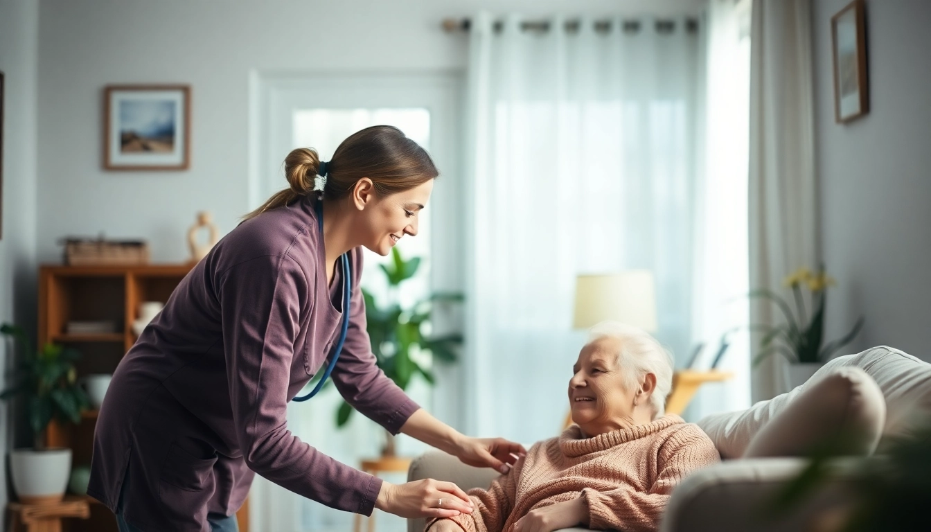 Caregiver providing support with a home care package for an elderly client in a serene environment.