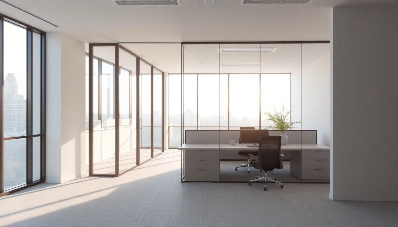 Showcase movable glass partitions enhancing a sophisticated workspace, combining design elegance and functional versatility.