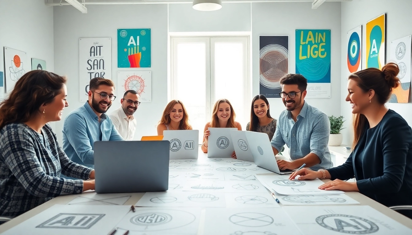Designing unique AI business branding with a collaborative graphic design team.
