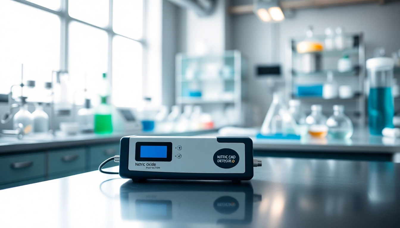 Nitric Oxide detector highlighted in a professional lab setting with scientific equipment in the background.