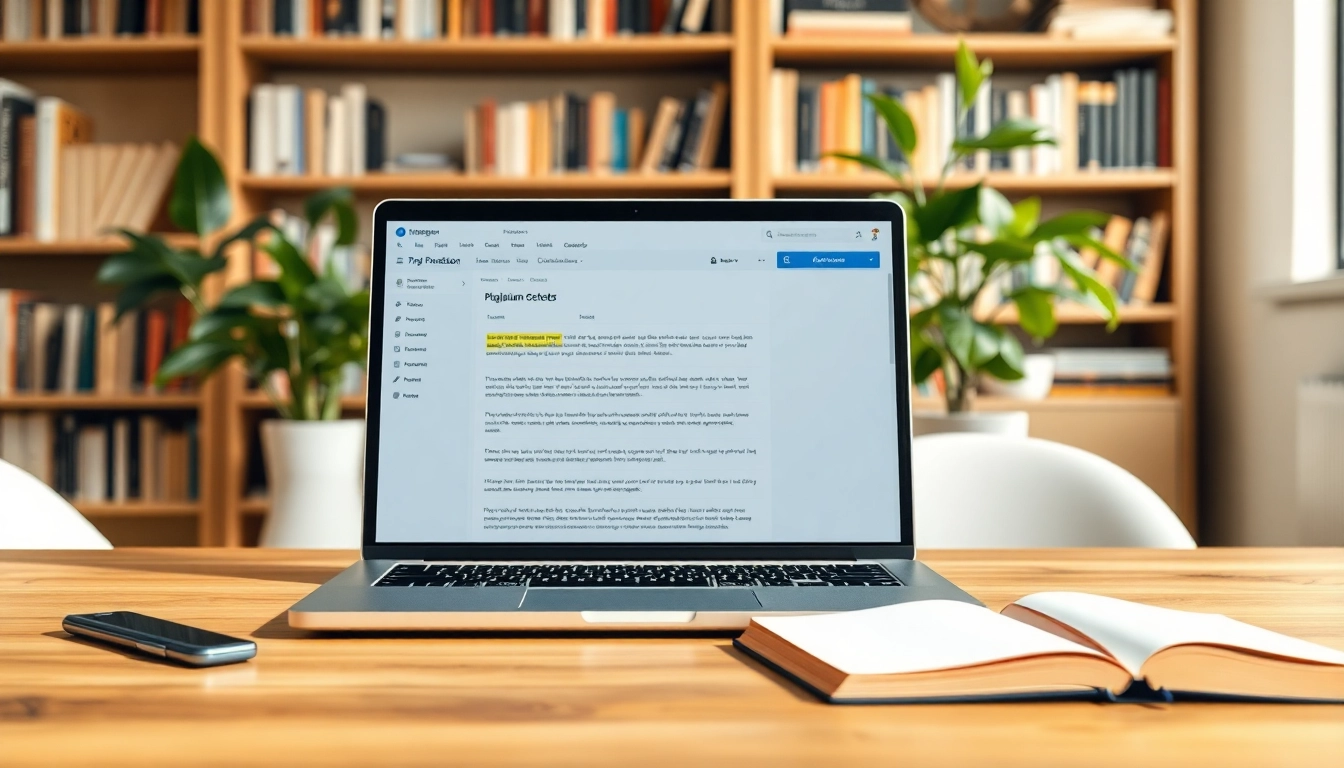 Check text for originality with a professional plagiarism checker tool on a laptop.