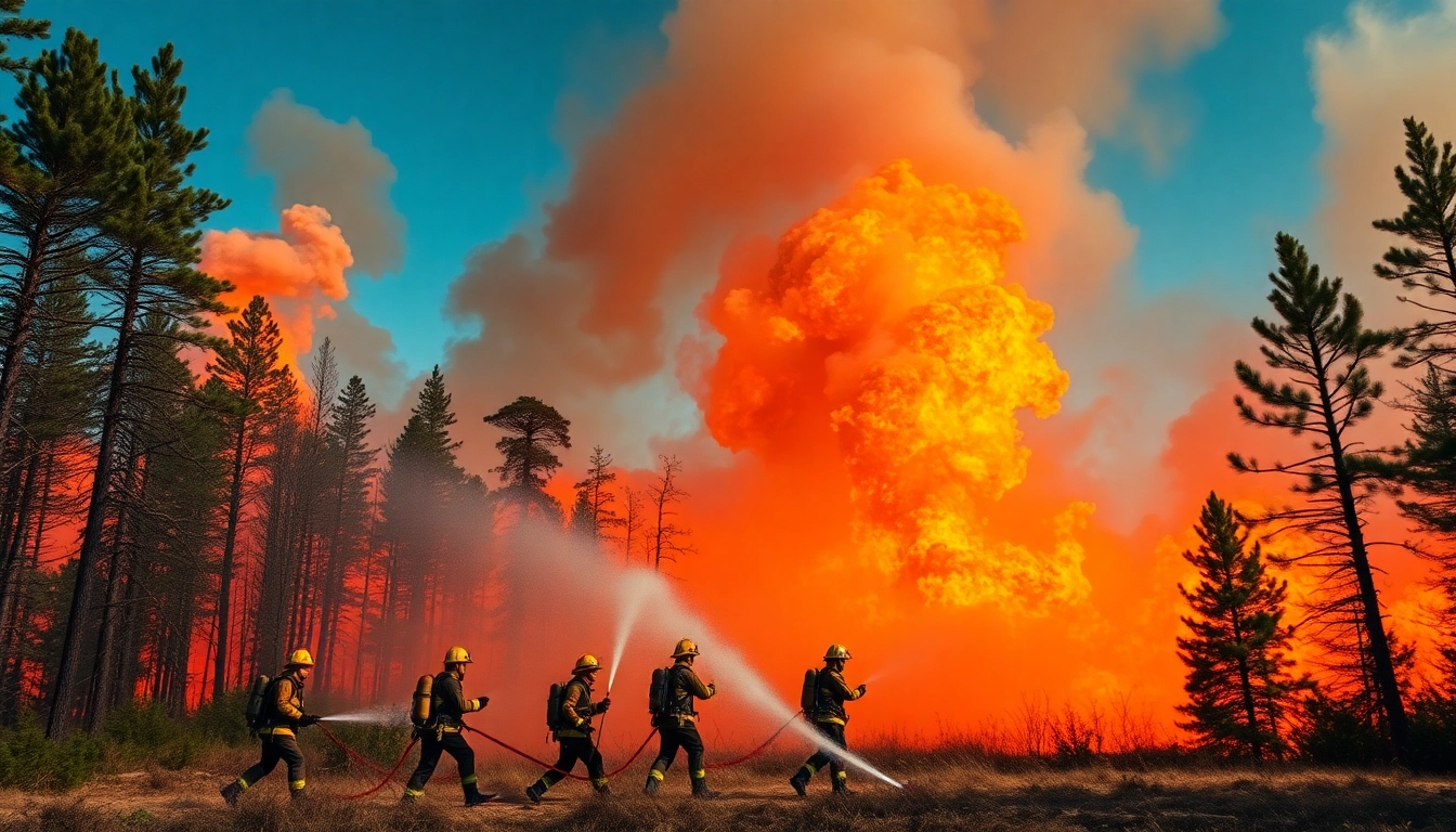 Firefighters battling wildfire events with intense flames and smoke in a dramatic forest backdrop.