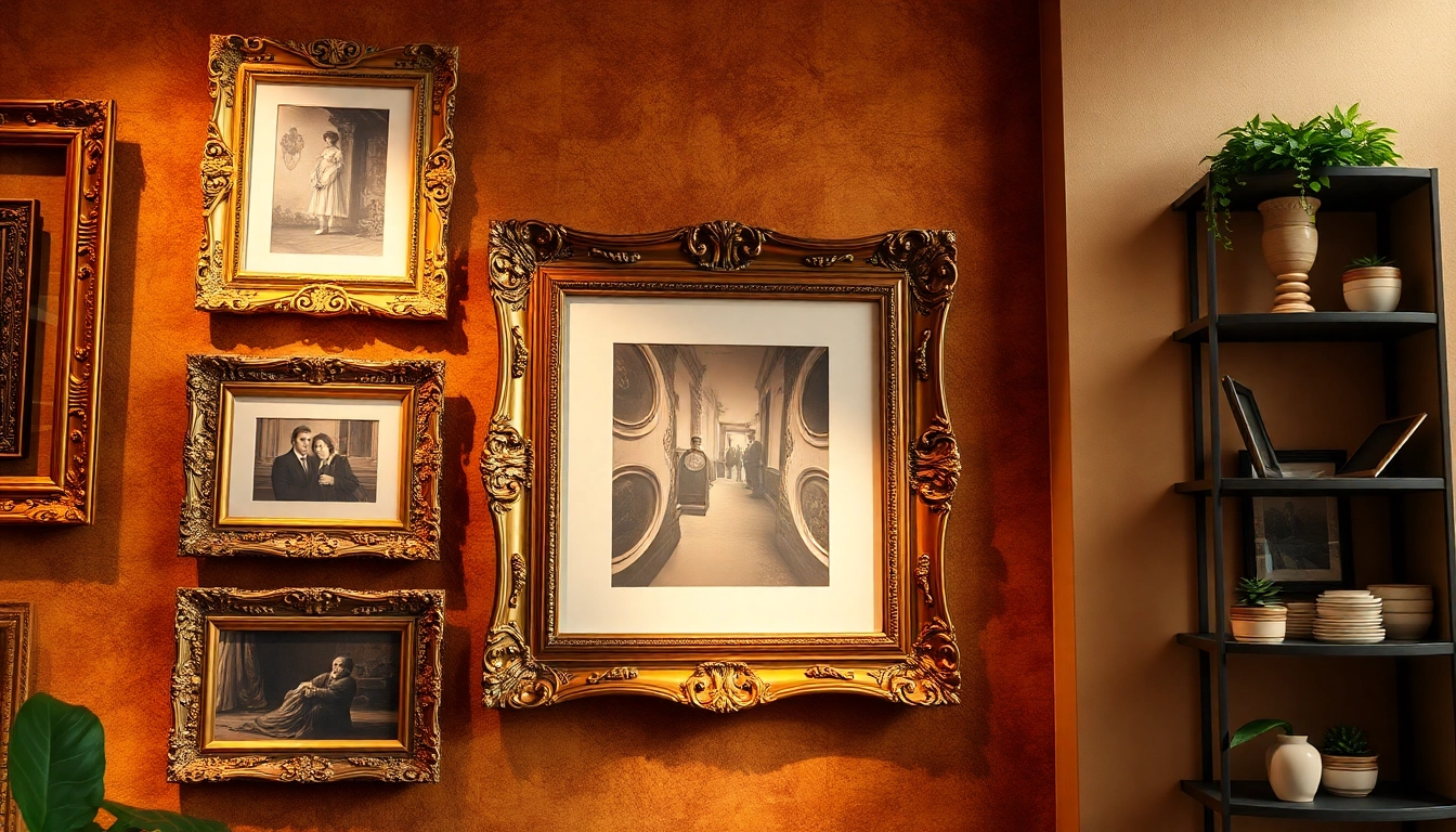 Adorned ornate picture frames showcasing elegant vintage photography in a sophisticated setting.