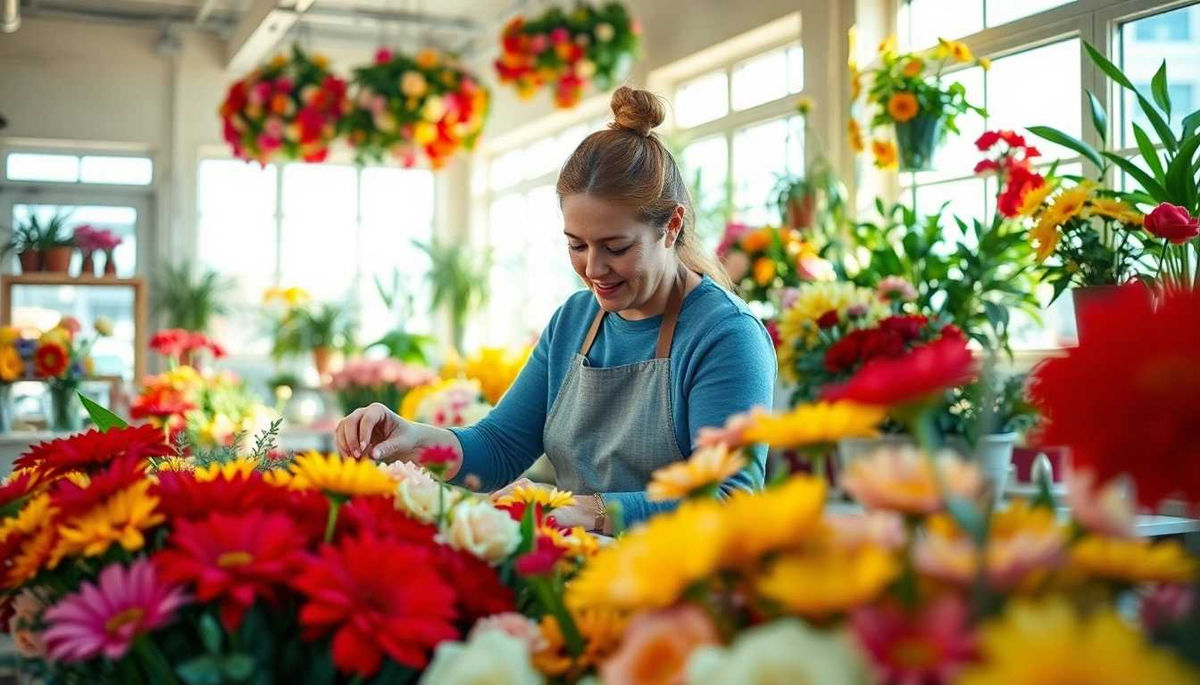 Huntington Beach florist arranging vibrant flowers in a sunny shop filled with colorful blooms.