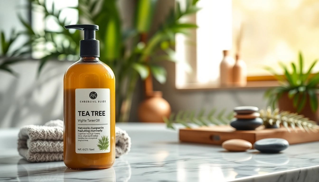 Showcasing a luxurious shampoo with tea tree oil on a marble counter amidst greenery for a fresh look.