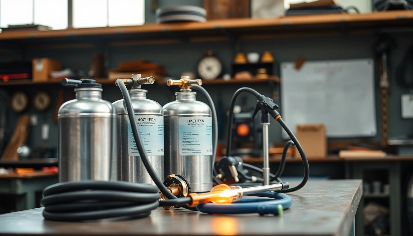 Showcase an oxy acetylene welding kit with its components arranged neatly on a workbench.