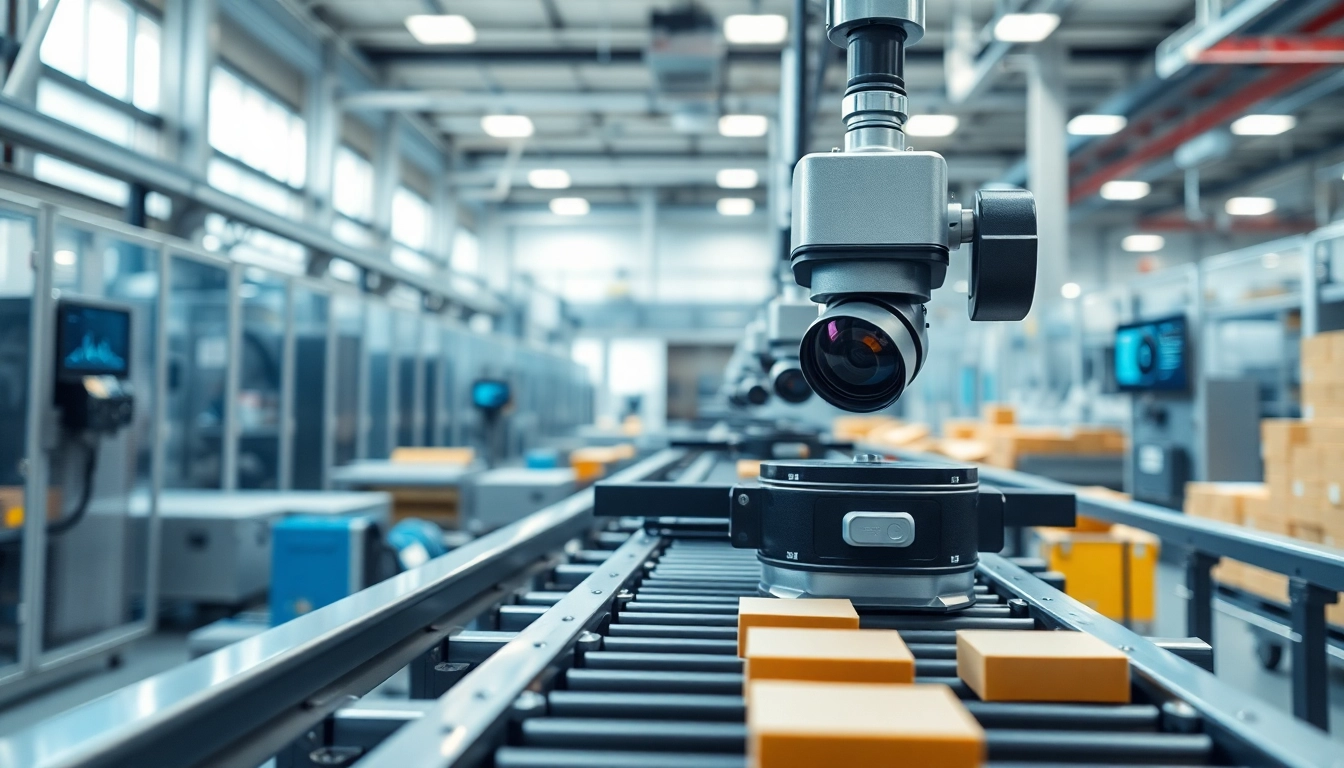 Machine vision system inspecting products on a conveyor belt in an industrial setting.