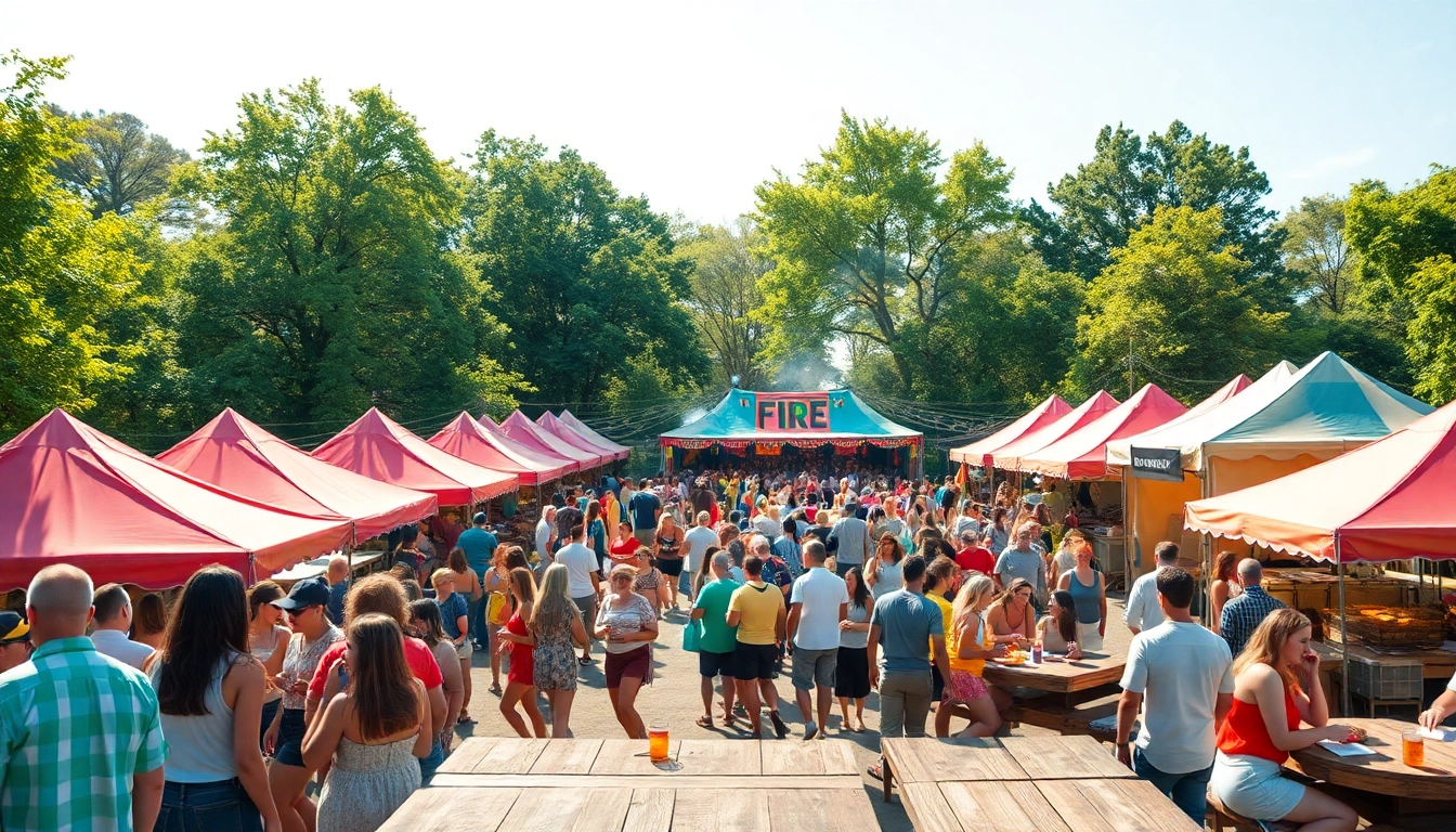 People celebrating vibrant wildfire events in an outdoor festival atmosphere with tents and activities.