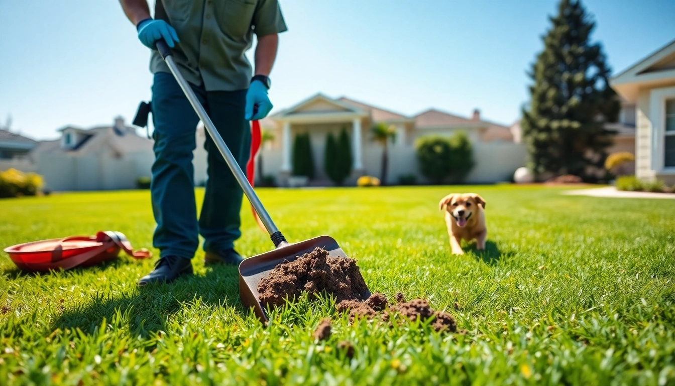 Dog poop cleaning service technician scooping waste in a clean backyard setting.
