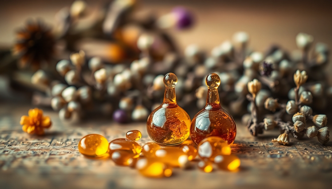 Myrrh résine dans un cadre naturel avec des fleurs séchées.