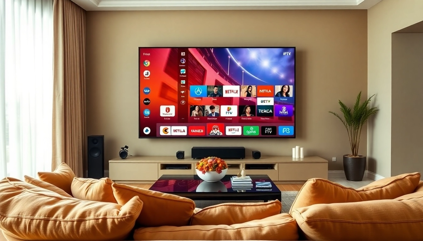 Engaging IPTV Subscription USA interface displayed on a TV in a cozy living room setting.