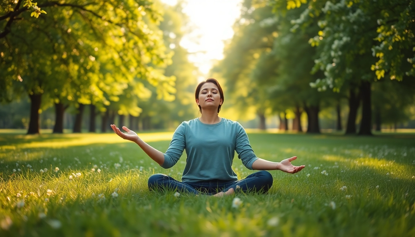 Practicing deep breathing for effective strategies dealing with stress in a serene outdoor setting.