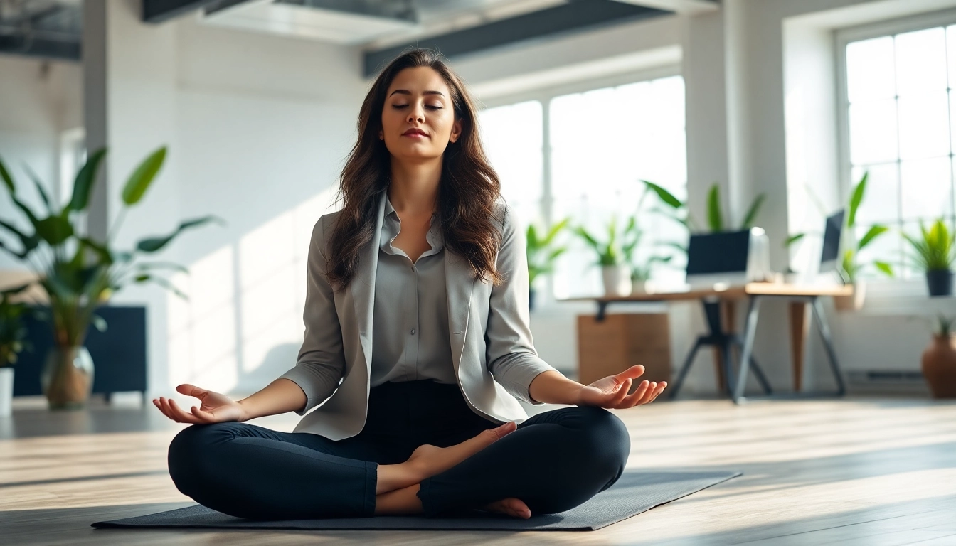 A woman dealing with stress through mindfulness practice in a serene workspace setting.