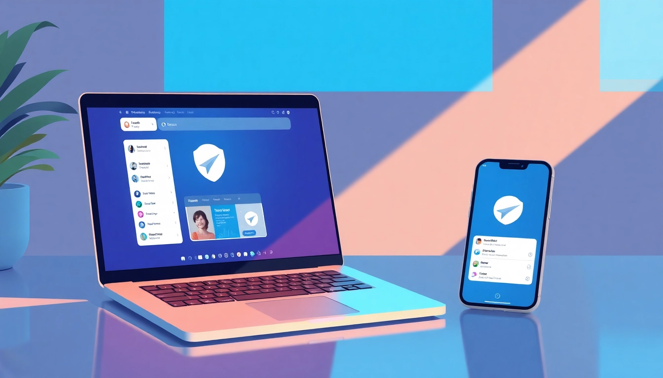 View Telegram电脑版中文 displayed on desktop and mobile devices showcasing its sleek interface.
