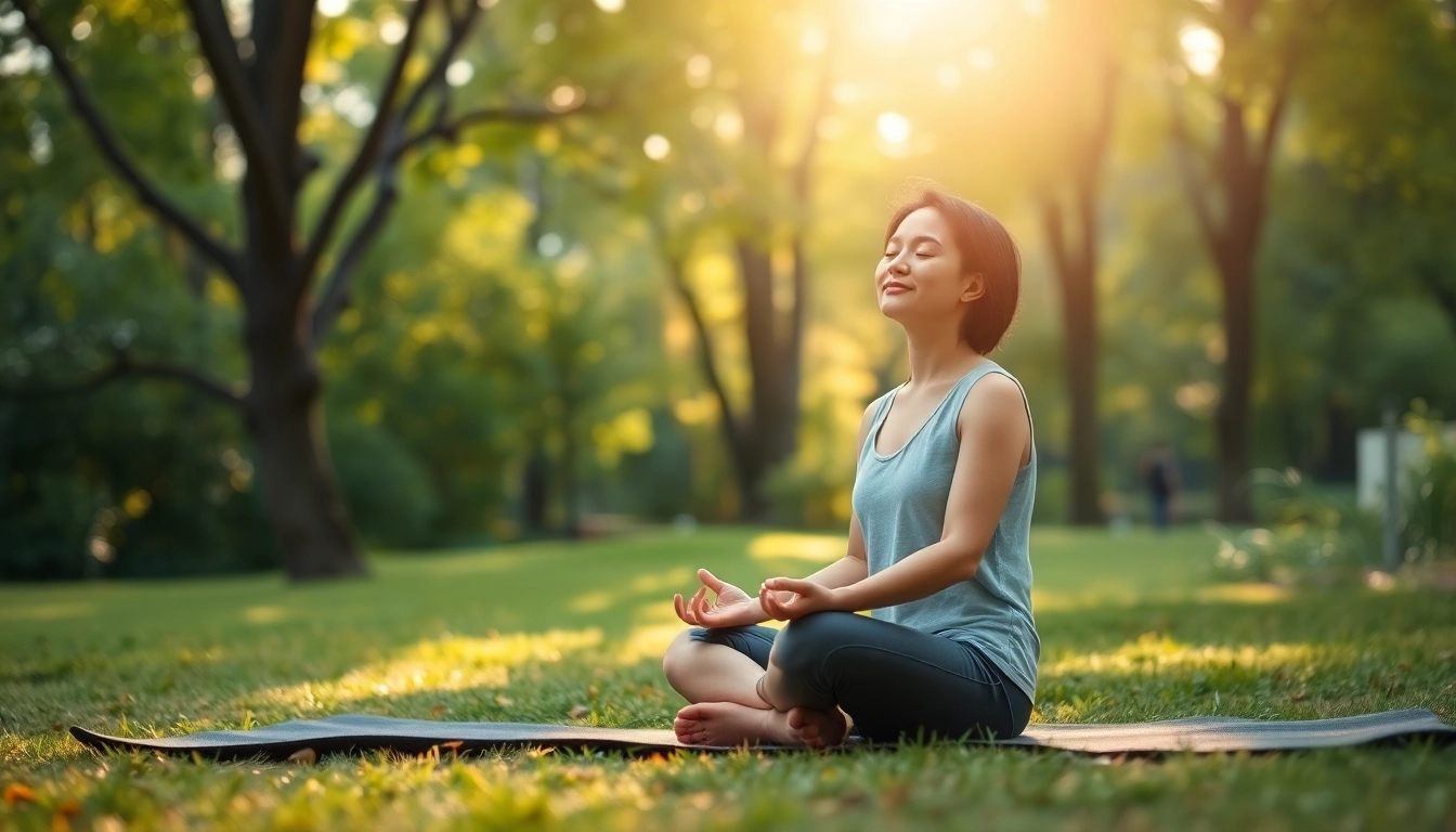 Practicing mindfulness and meditation for dealing with stress in a serene outdoor park.