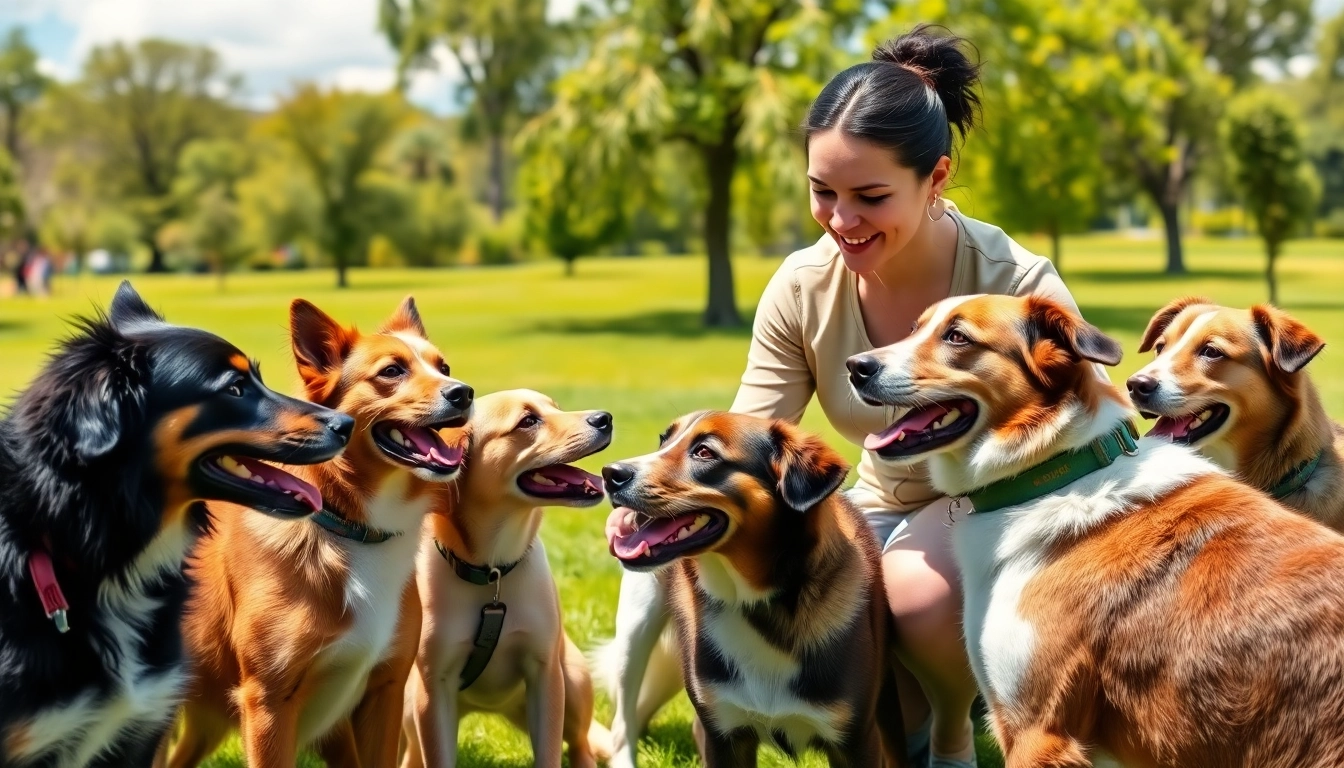 Engaging in Dog Training Irvine, a trainer uses positive reinforcement techniques with happy dogs outdoors.