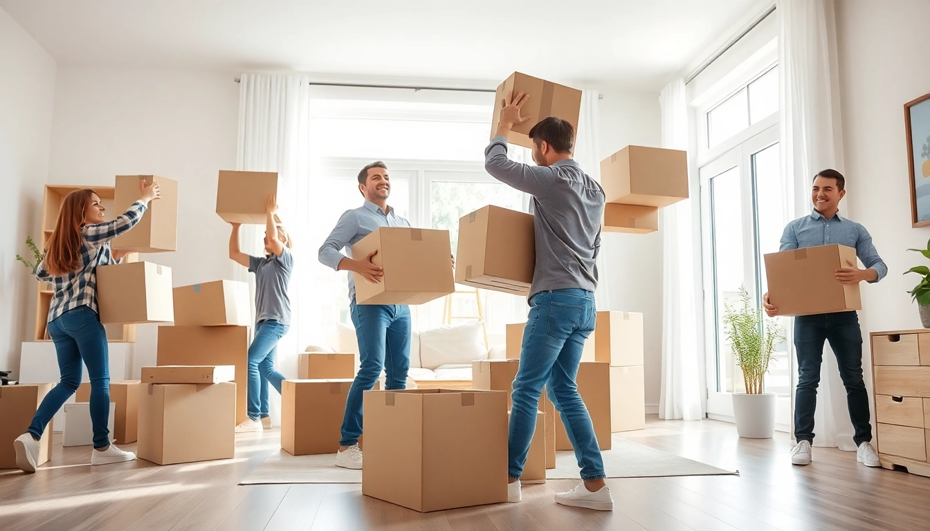 Efficient house moves with professional movers packing boxes in a bright room.