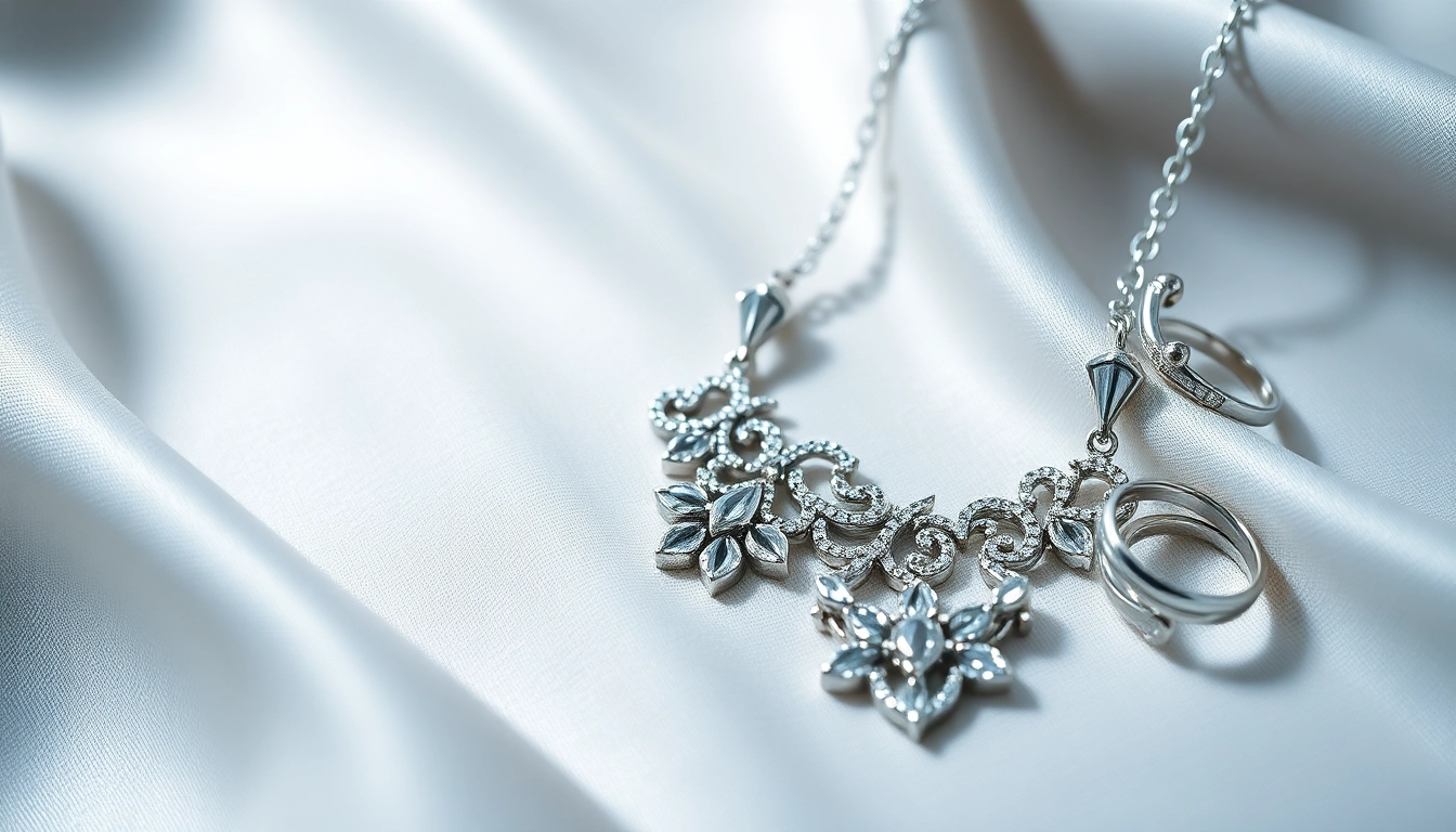 Showcase intricate silver jewelry pieces featuring a necklace, earrings, and rings.