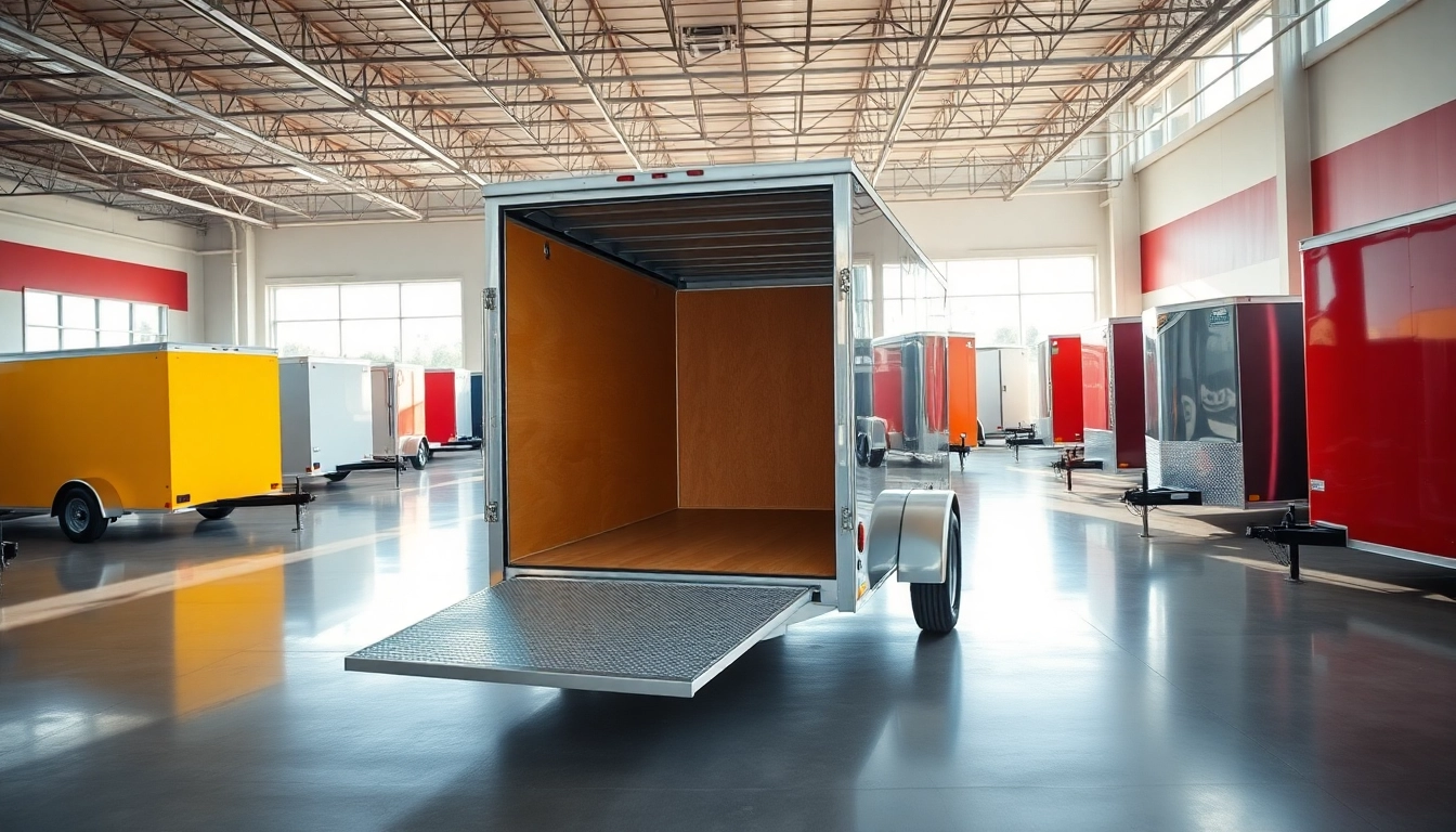 Browse various trailers for sale in Massachusetts at a vibrant showroom featuring a utility trailer.