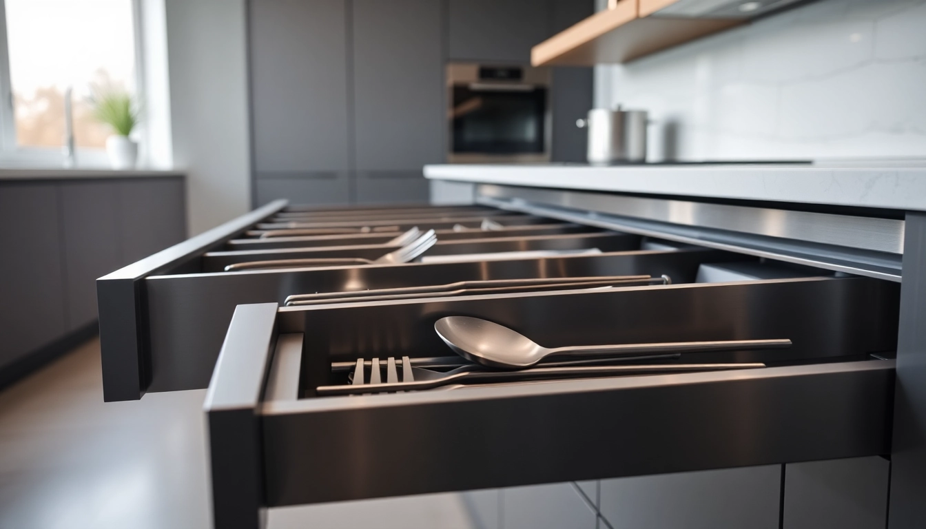 Showcasing a Metal Drawer System in a modern kitchen, highlighting its design and functionality.