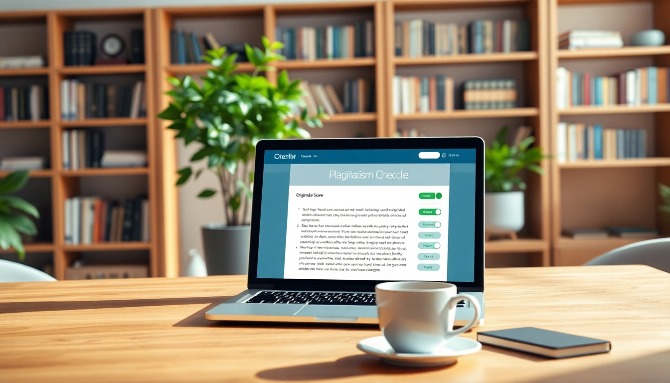 Analyze your content with a plagiarism detector on a laptop in a professional office setting.