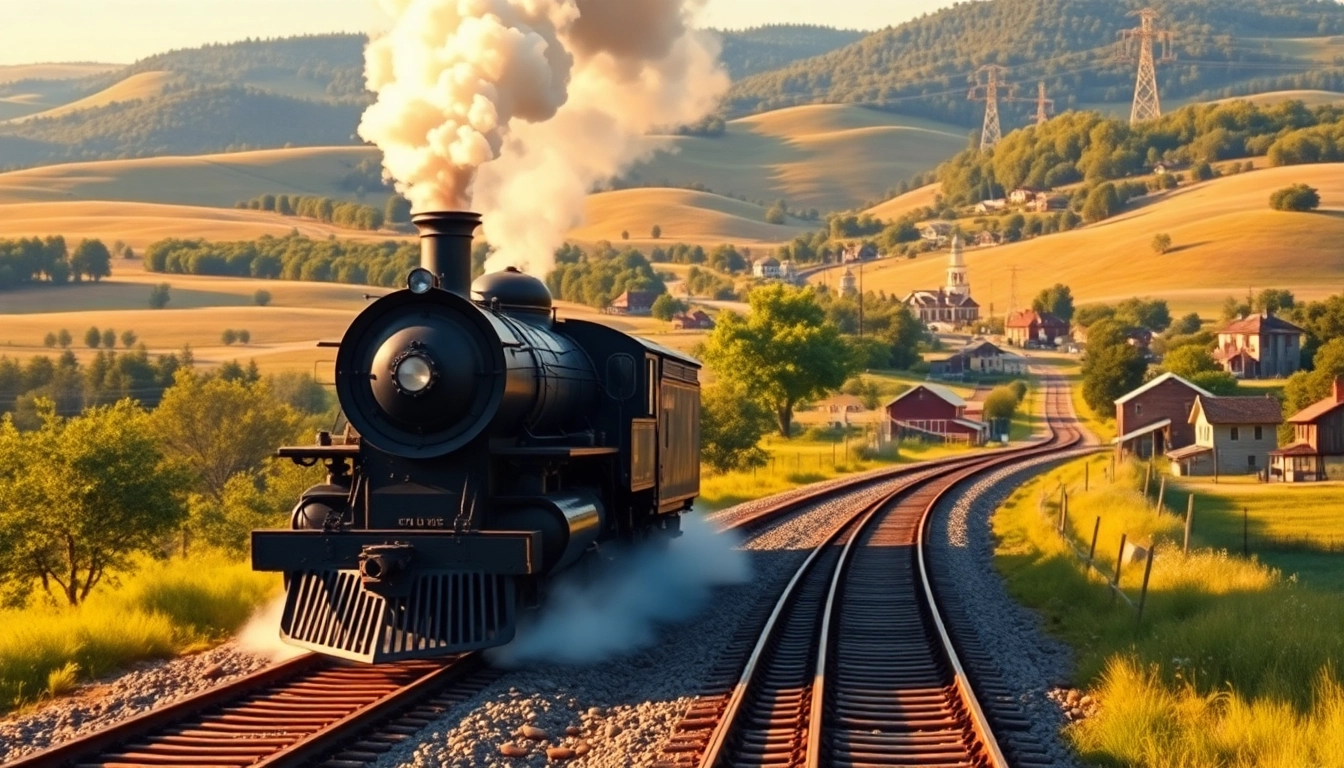 Experience the railroad tycoon download with a classic steam locomotive in an expansive countryside setting.