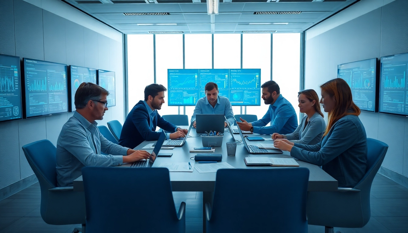 Site reliability engineering experts collaborating in a modern office setting, showcasing teamwork.