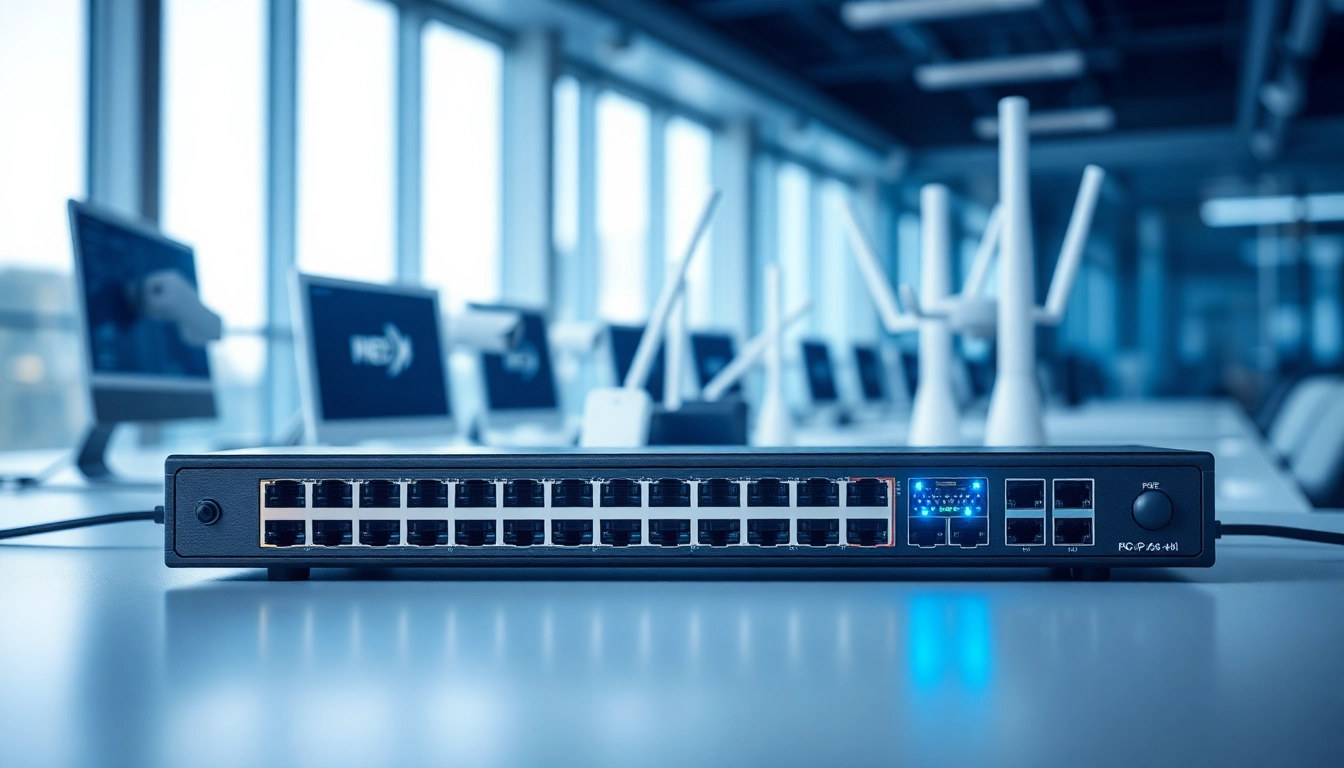 Showcase of a POE Switch with connected devices in a modern office setup.