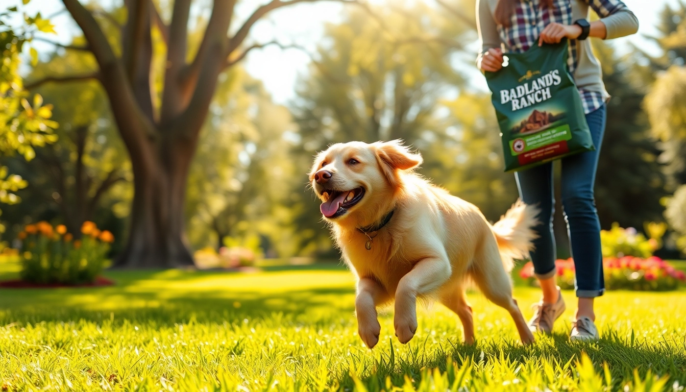 Dog playing joyfully with owner, showcasing the benefits of badlands ranch dog food.