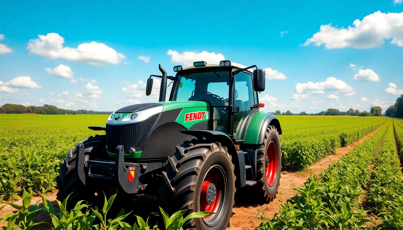 Fendt Traktor in einem malerischen, landwirtschaftlichen Umfeld mit fruchtbaren Feldern und klarem Himmel.