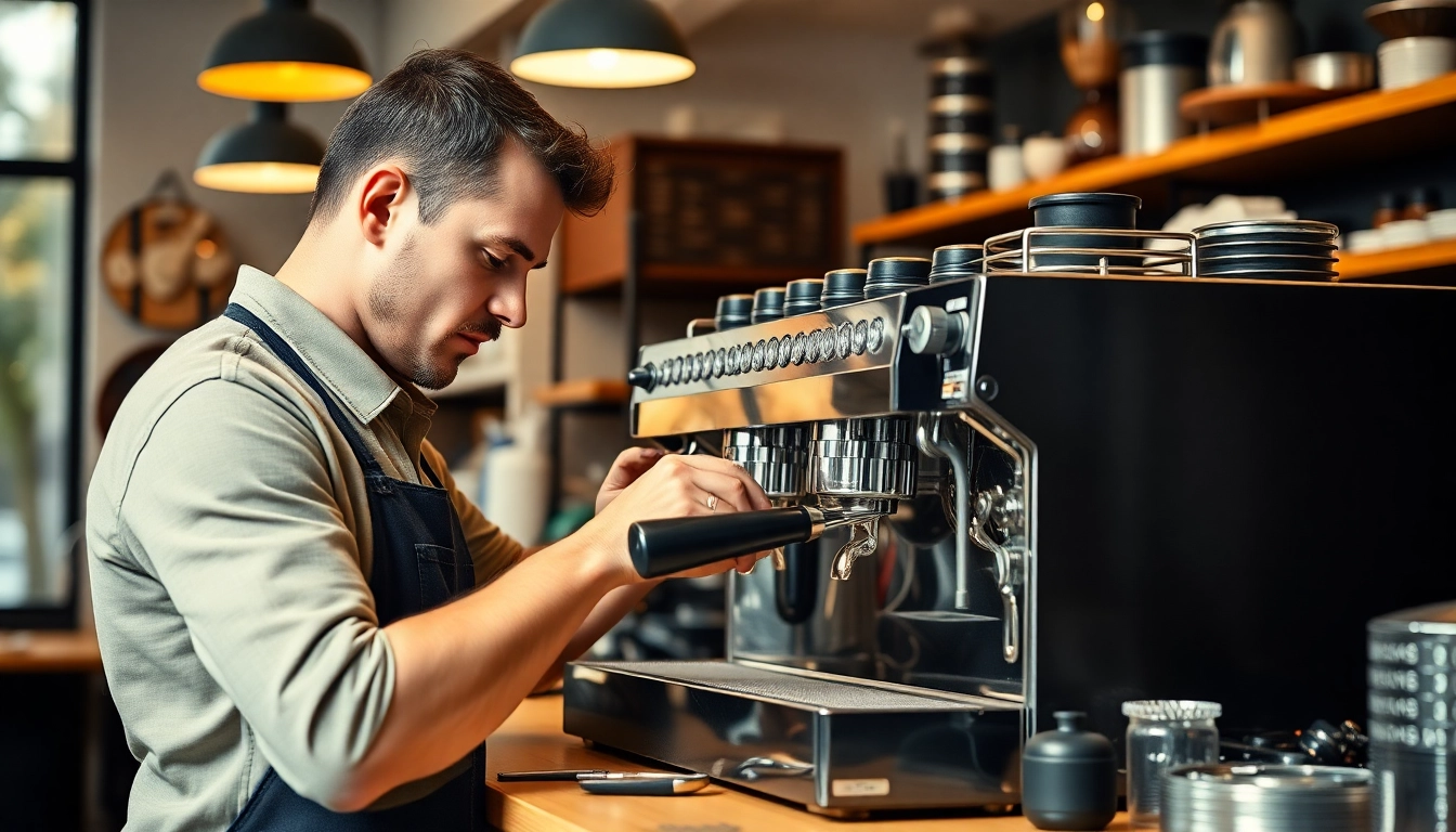 Cimbali service technique in action, featuring a technician repairing an espresso machine in a cozy cafe.