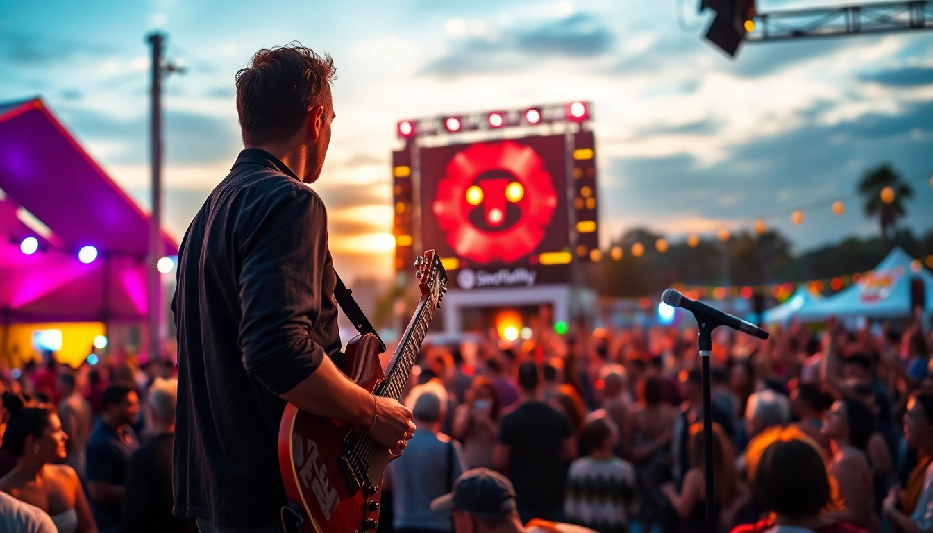 Showcasing vibrant Spotify promotion at a live music festival with enthusiastic crowds and musicians.