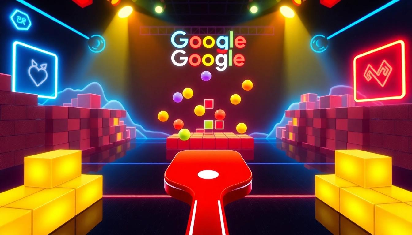 Engaging scene of block breaker de google with colorful bricks and a dynamic paddle in motion.