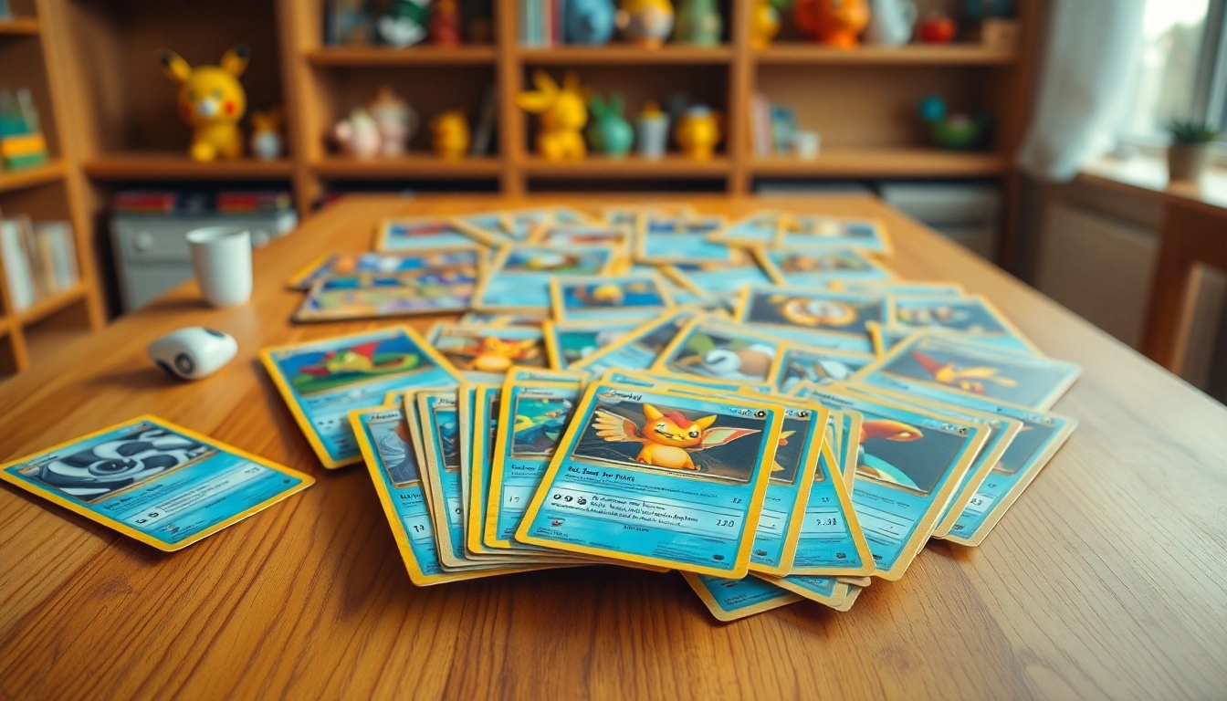 Showcase of real pokemon cards in India laid out artistically on a wooden table.