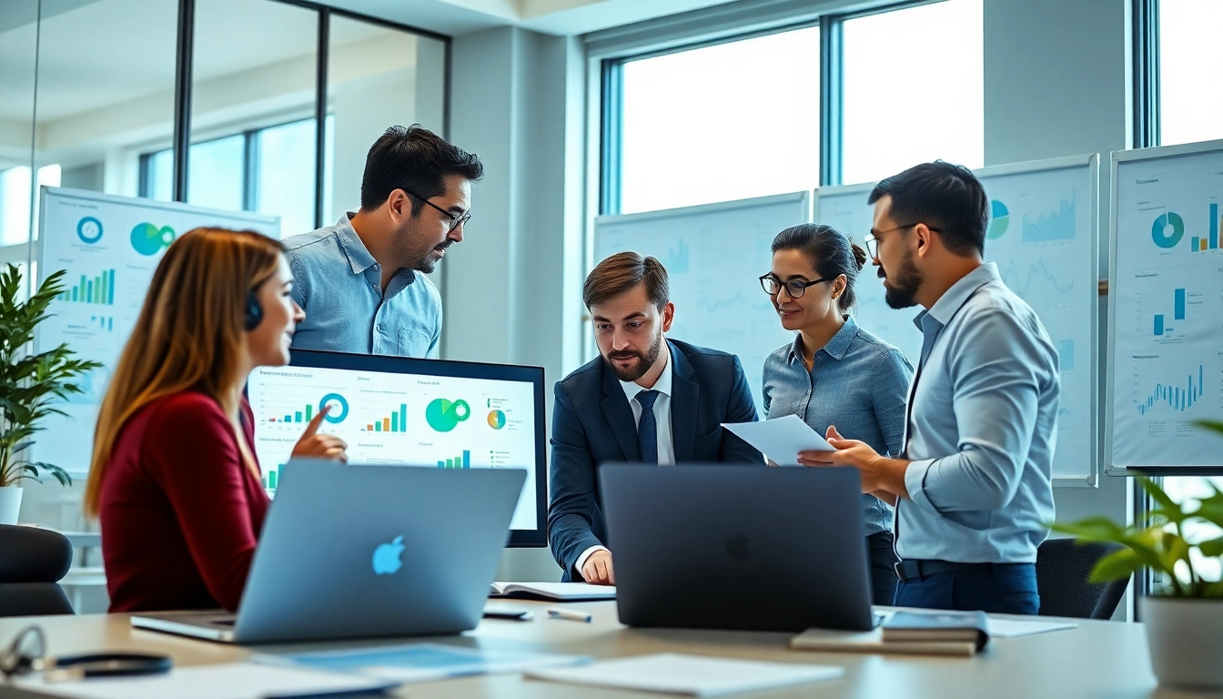 Analyze competitive intelligence data with a collaborative team in a modern office.