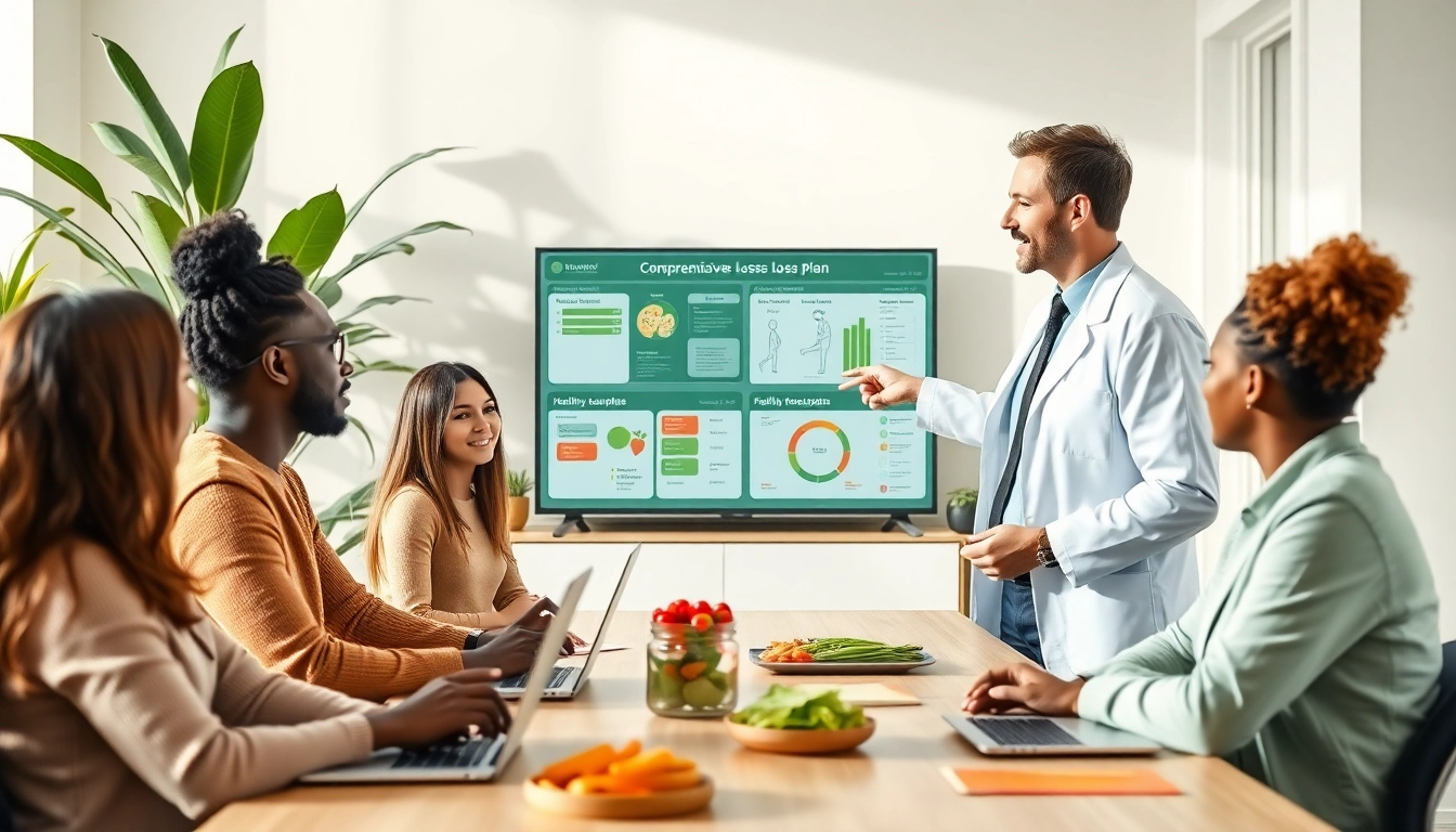 Engaging nutritionist discussing an effective loss plan with diverse clients in a modern setting.