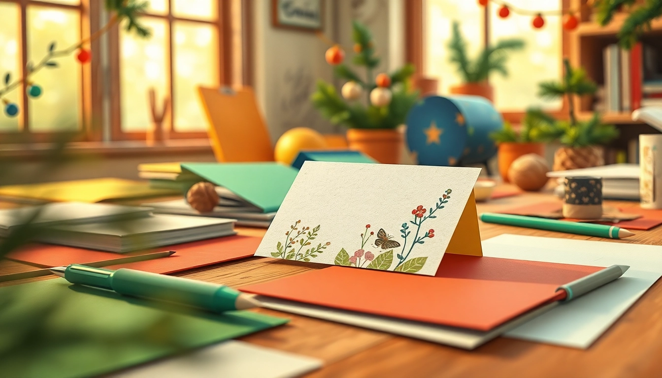 Eco-friendly Christmas cards London showcased in a creative workspace with vibrant colors and natural elements.