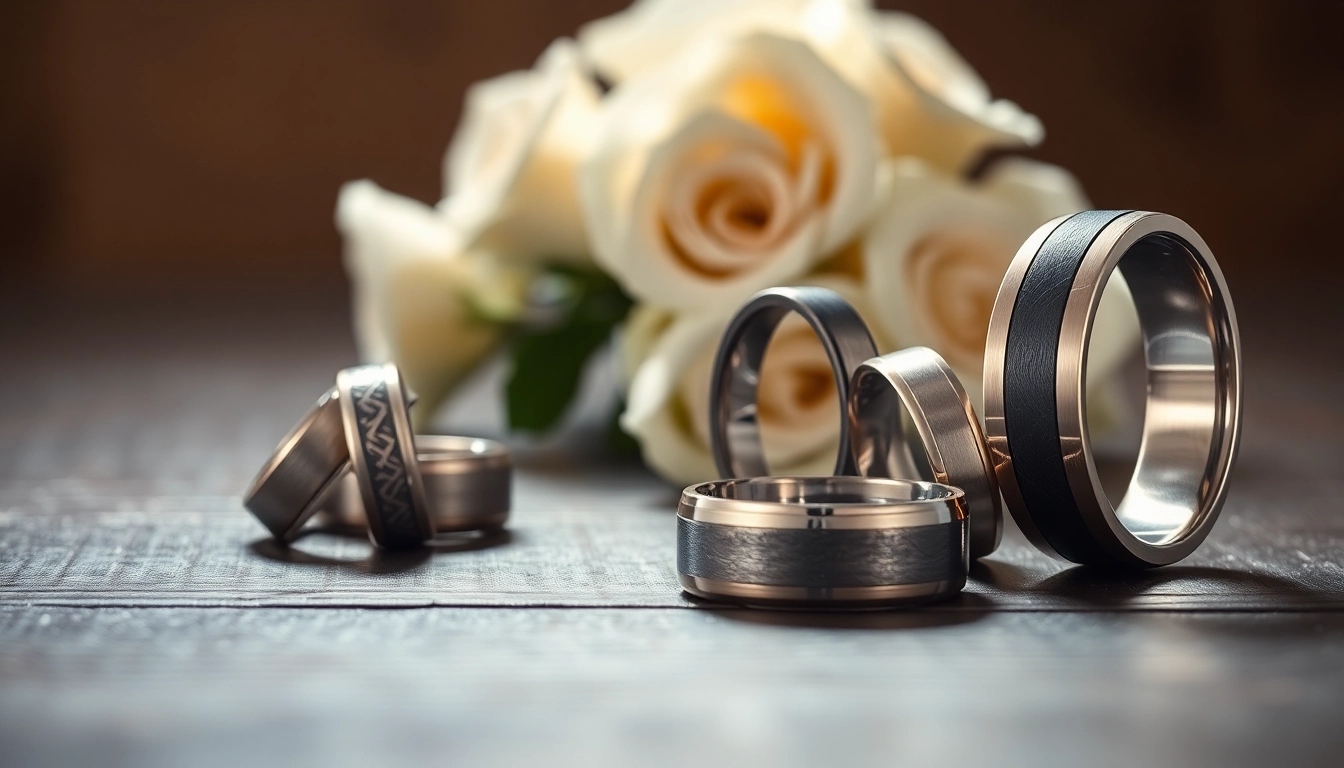 Showcase tungsten wedding rings with intricate designs on a dark surface, enhancing their beauty.