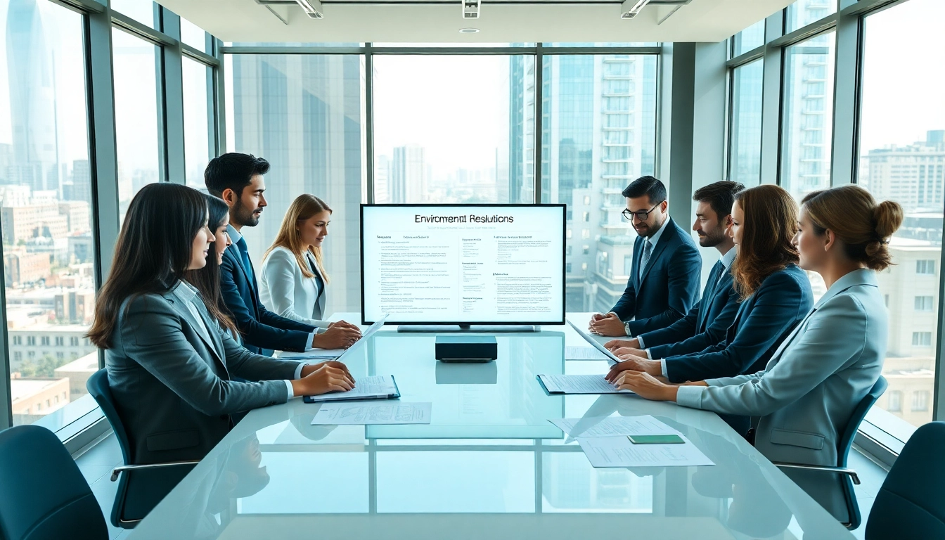 Engaged environmental law firm team collaborating on legal strategies in a modern office.
