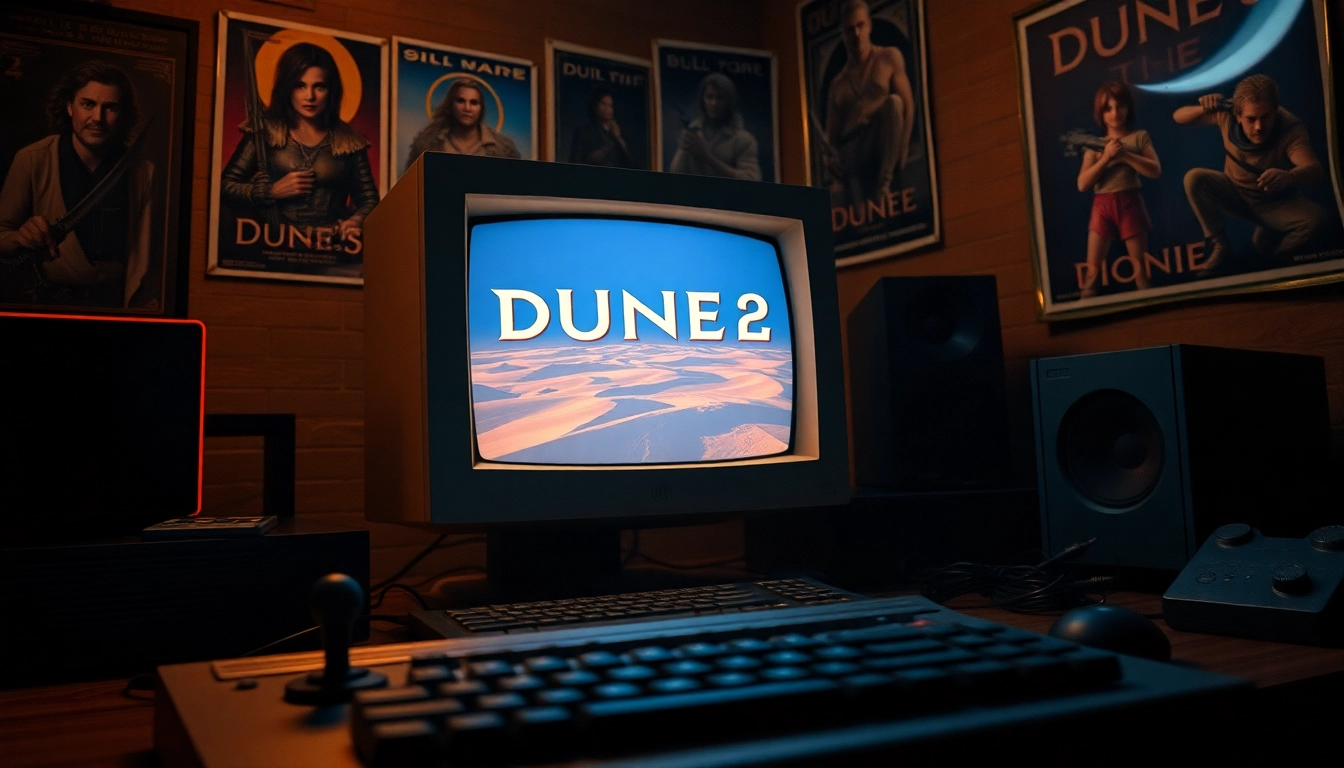 Download Dune 2 with the retro gaming setup evoking nostalgia for classic games.