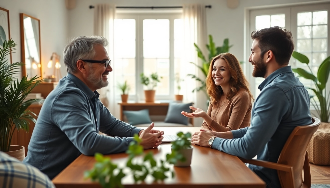 Empathetic relationship coach guiding a couple through their challenges in a welcoming office.