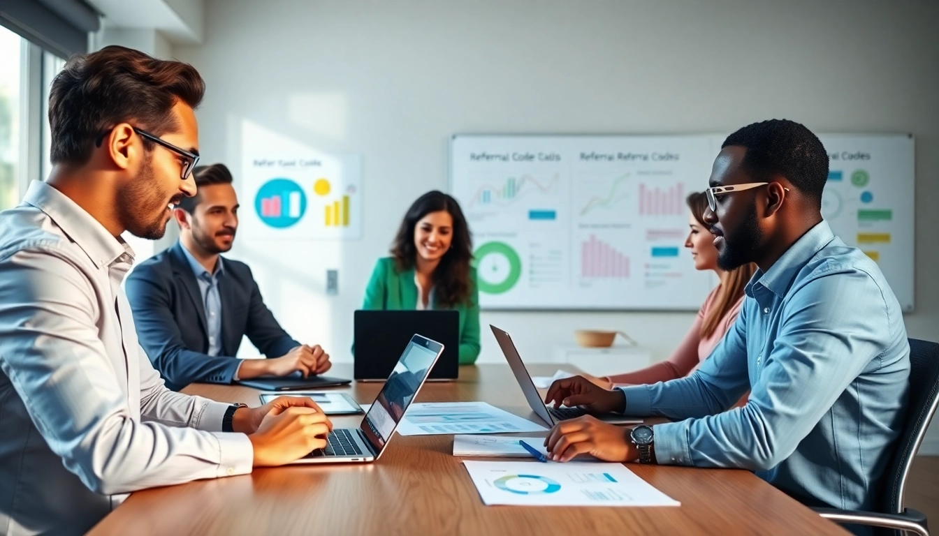 Analyze referral codes online in a vibrant marketing meeting with diverse professionals discussing strategies.